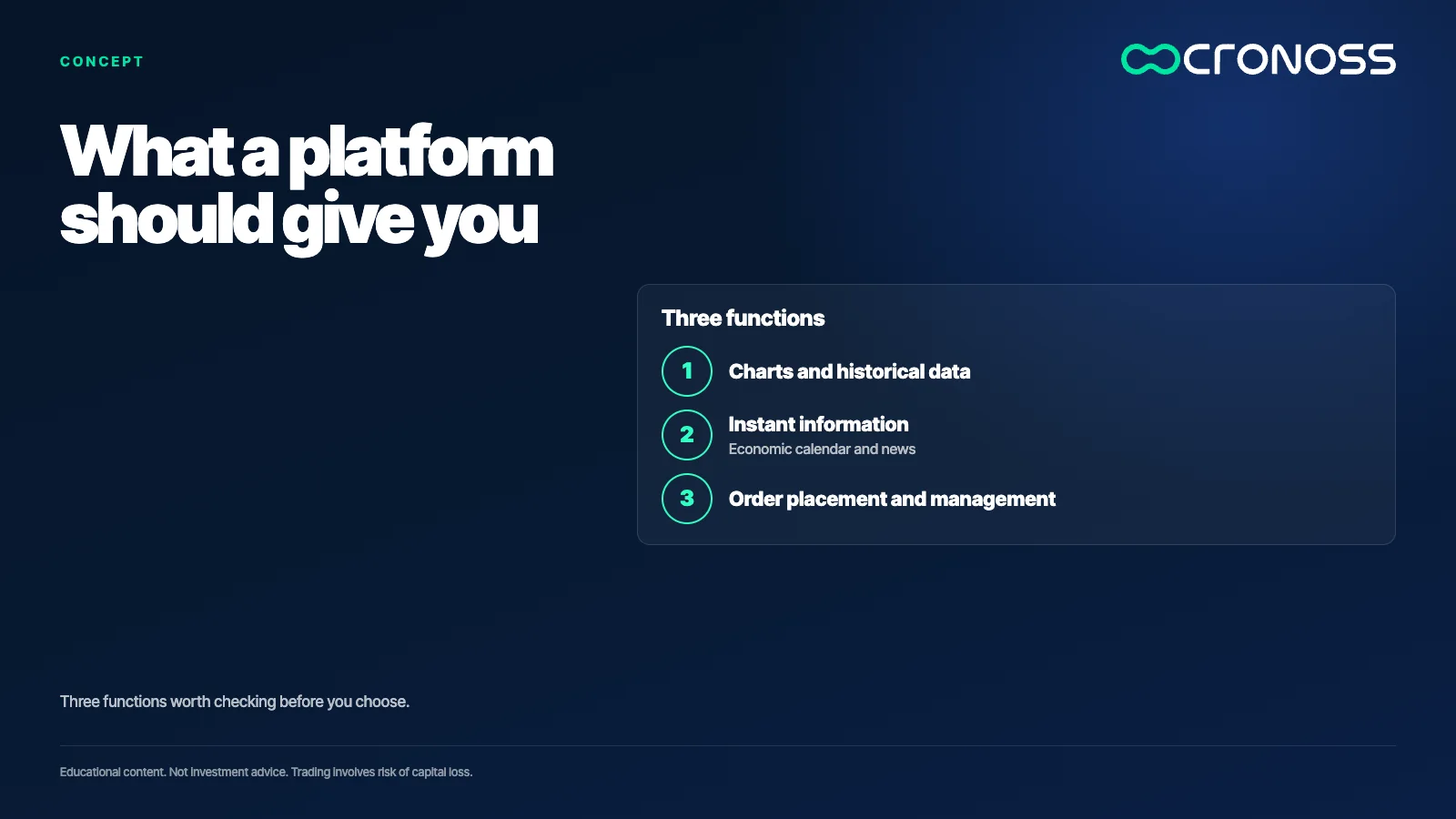 Infographic: What a platform should give you. Three functions worth checking before you choose.