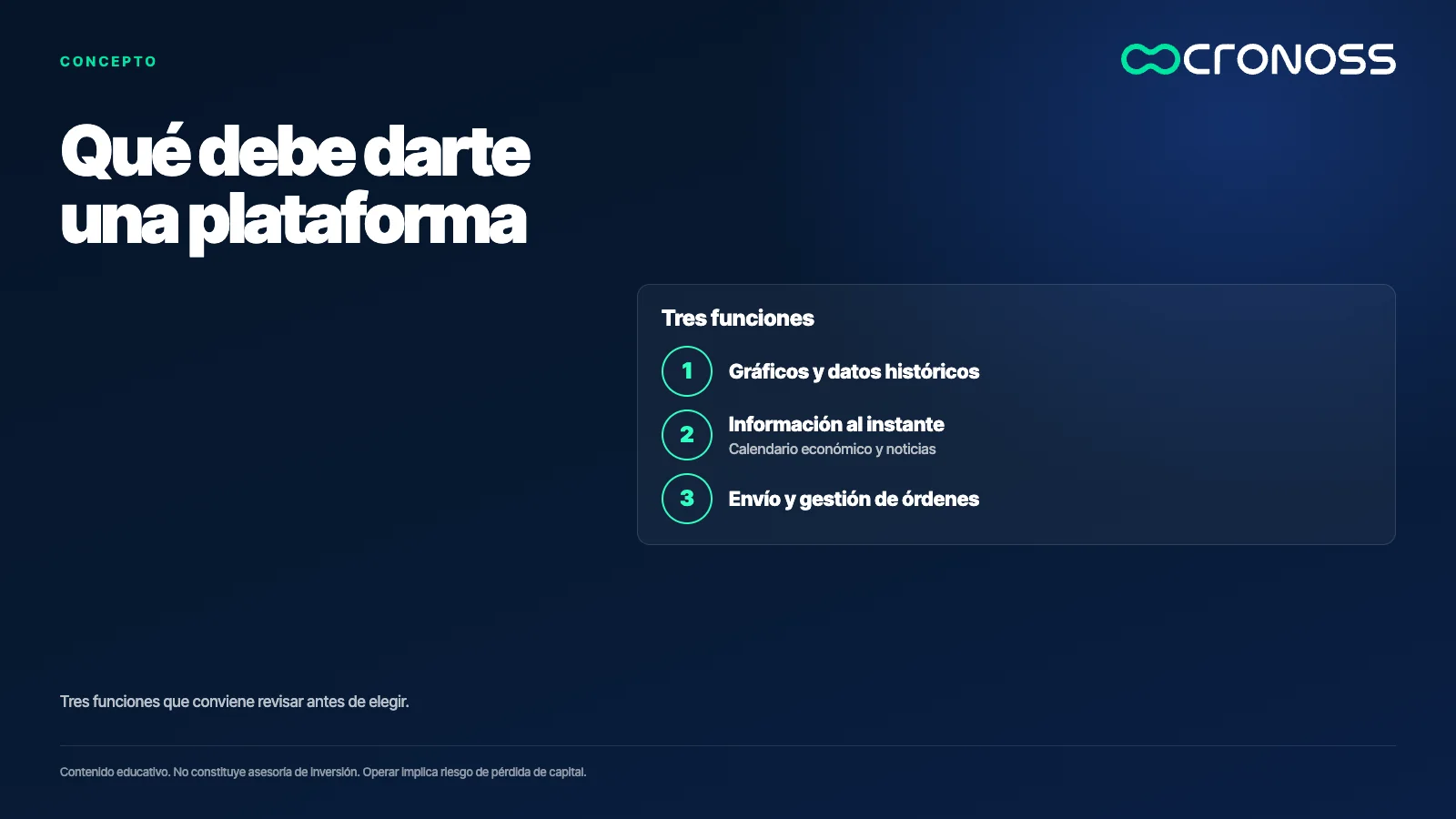 Infografía: Qué debe darte una plataforma. Tres funciones que conviene revisar antes de elegir.
